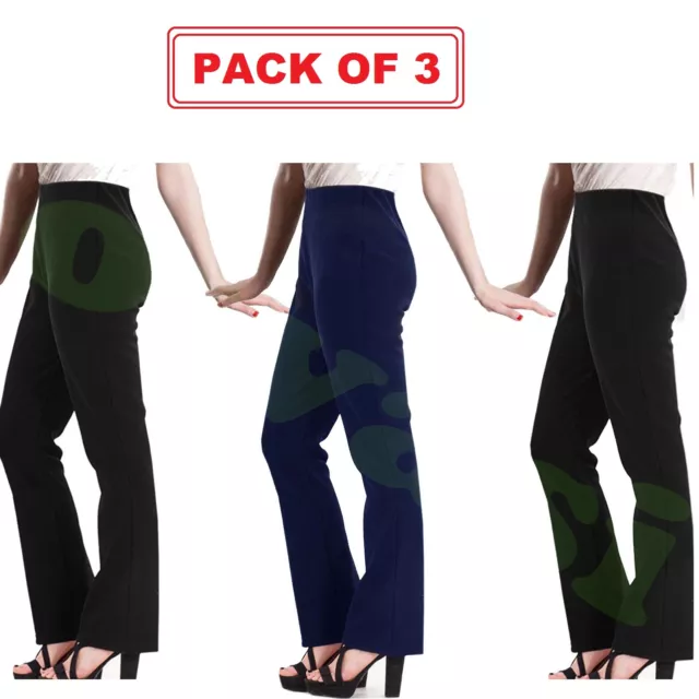 Ladies Womens Nurse Work Casual Ribbed Bootleg PACK OF 3 Stretch Trousers Pants