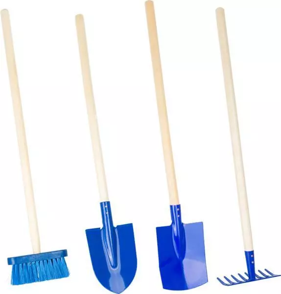 Gartenset blau, Kinder, 4er Set, Spaten, Schaufel, Besen, Harke, Gartengeräte