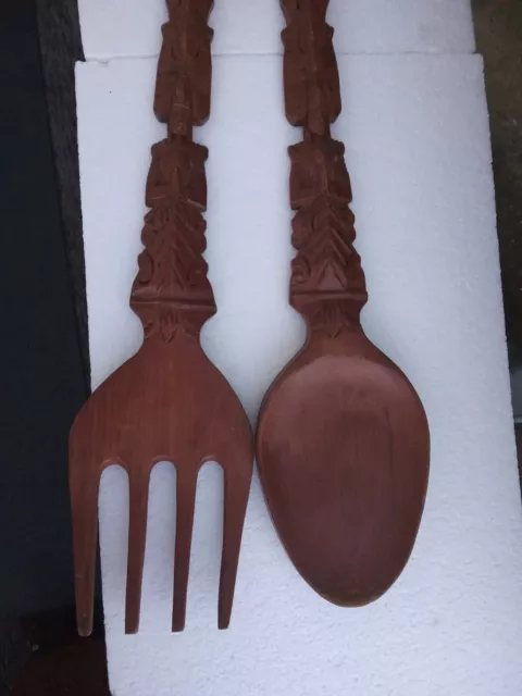Vintage 31" Large carved wooden spoon & fork Tepoanon Angles