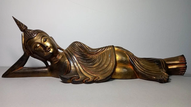 Antique Gilded Teakwood Reclining Sukhothai Buddha, Relic. Rattanakosin Period.