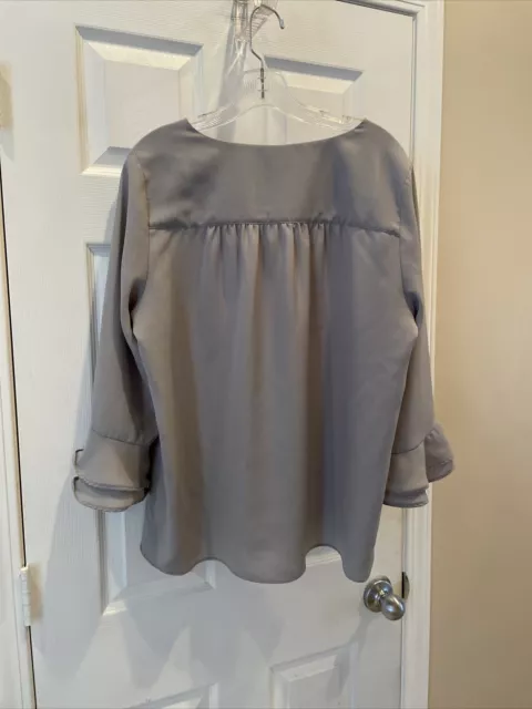 Lands End Womens 14 Shirt Top Blouse Gray Pullover V Neck 3/4 Bell Sleeve 3