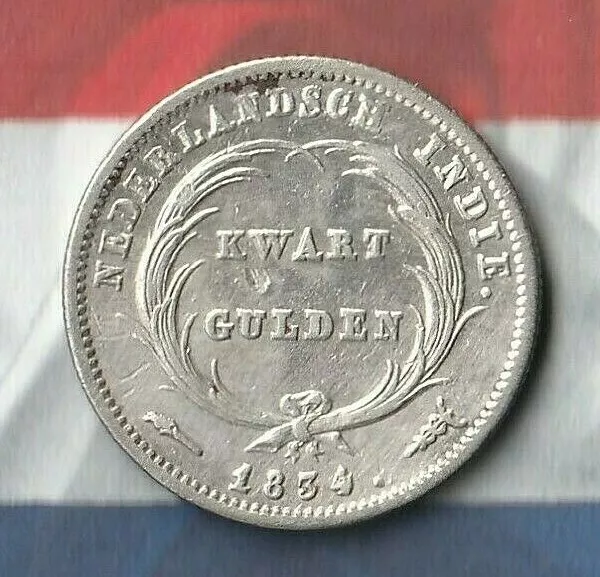 1834 Netherlands East Indies 1/4 Gulden- 56.8% AG- Exotic Coin with Nice Details