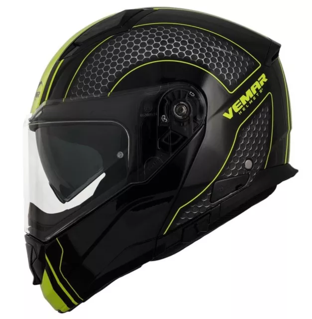 Casque Moto Moduler Peut Être Ouvert VEMAR Sharki Hive Black Noir Jaune Fluo L