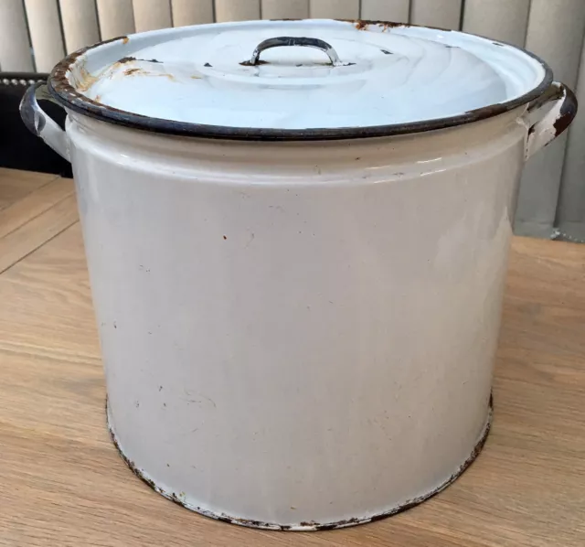 Vintage Large Enamel Storage Bin With Lid / Handles