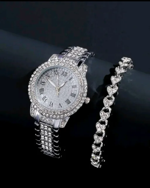 Armbanduhr Armkette Modeschmuck Set Uhren Damen Mädchen Strass Silber Geschenk