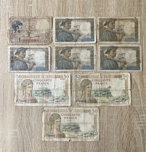 FRANCE   Lot de 9 billets français de banque  5 / 10 et  50  FRANCS