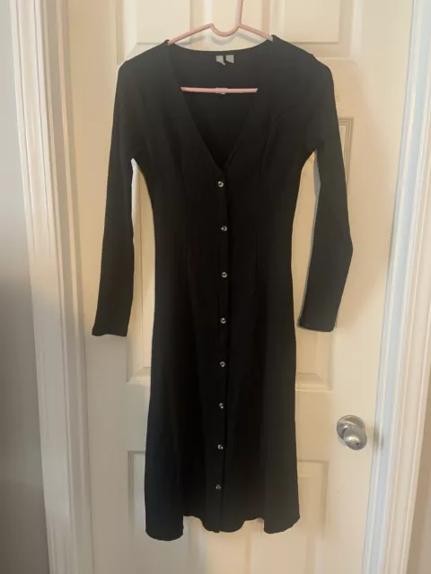 Vintage ASOS Long Sleeve Button Black Dress, Small Size 2