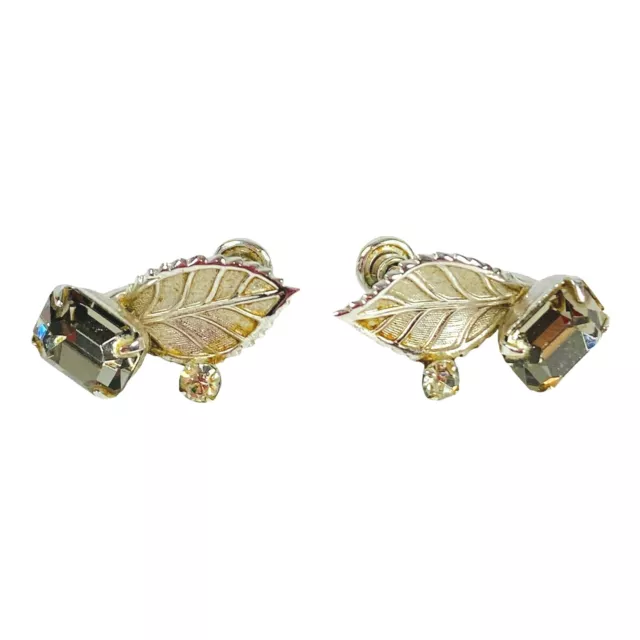 Vintage Van Dell Sterling Silver Rhinestone Leaf Screw Back Clip On Earrings
