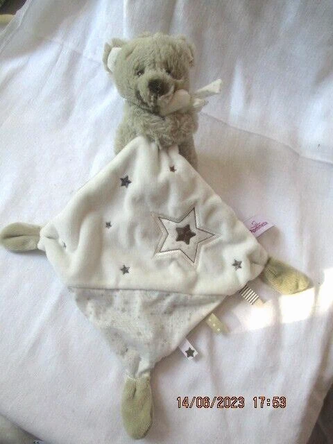 Doudou POMMETTE Ours Beige Echarpe Pois Mouchoir Blanc Etoile  NEUF