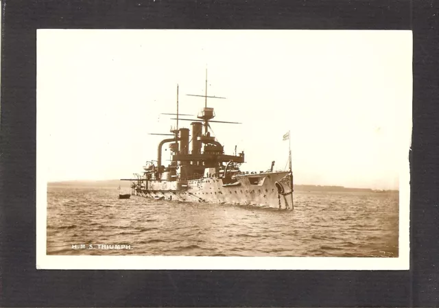 Real-Photo Postcard:  Hms Triumph - British Royal Navy Ww-1 Battleship At Anchor