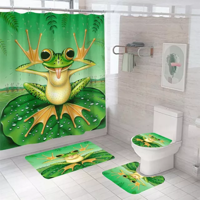 Frog Shower Curtain Set Thick Bathroom Rugs Bath Mat Non-Slip Toilet Lid Cover