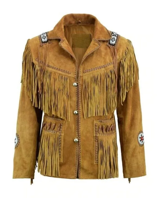 Mens Native American Western Wear Brown Suede Leather Jacket With Fringes Beads