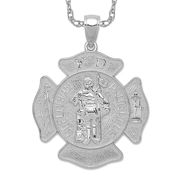 14K White Gold Large Fd Saint Florian Badge Necklace Charm Pendant