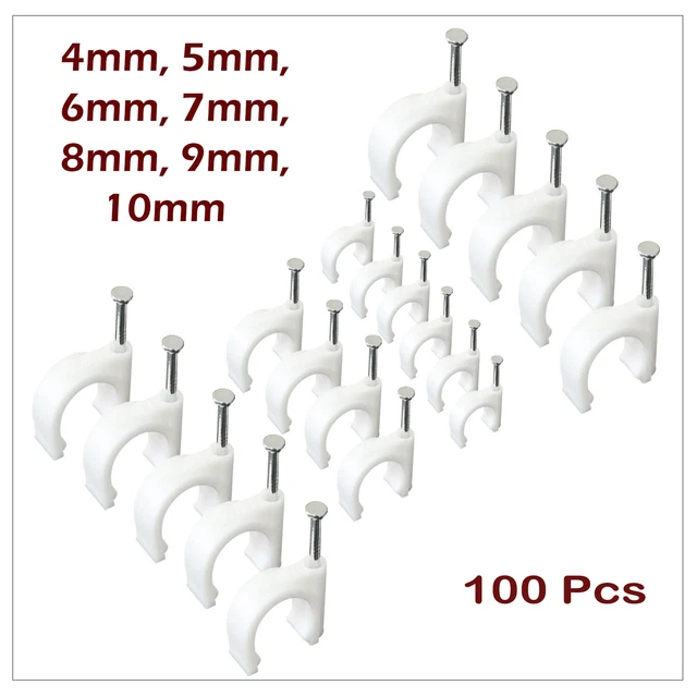 ROUND CABLE CLIPS 4-10mm White Wall Tacks Wire Cord Tidy Holder 100PCS