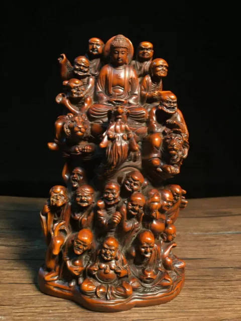 big rare Chinese old boxwood hand carved 18 arhat buddhas statue figure 2