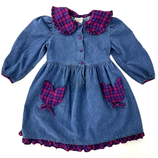 Kate Greenaway Dress Girls 6 Gorgeous Vintage Denim & Purple Plaid Pockets