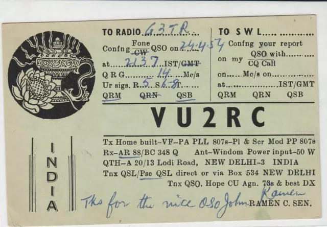 Vintage QSL Radio communication card india 1954 ref 18564