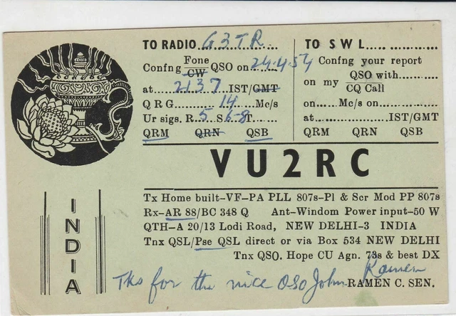 Vintage QSL Radio communication card india 1954 ref 18564