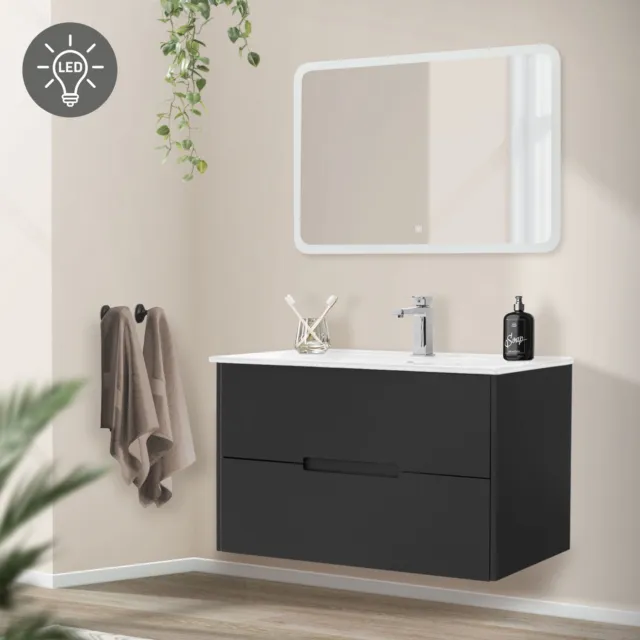 Ensemble meubles salle de bain 3 pièces miroir LED meuble bas et vasque moderne