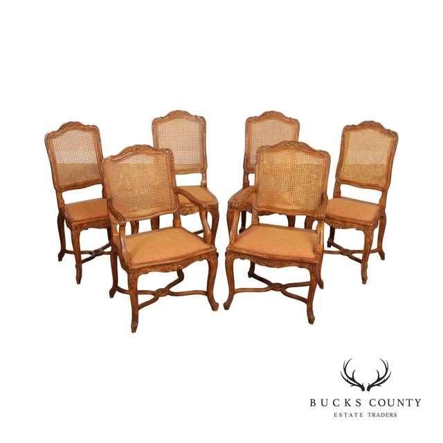 French Louis XV Style Set Six Cane Dining Chairs French Louis XV Style Set Six Cane Dining Chairs