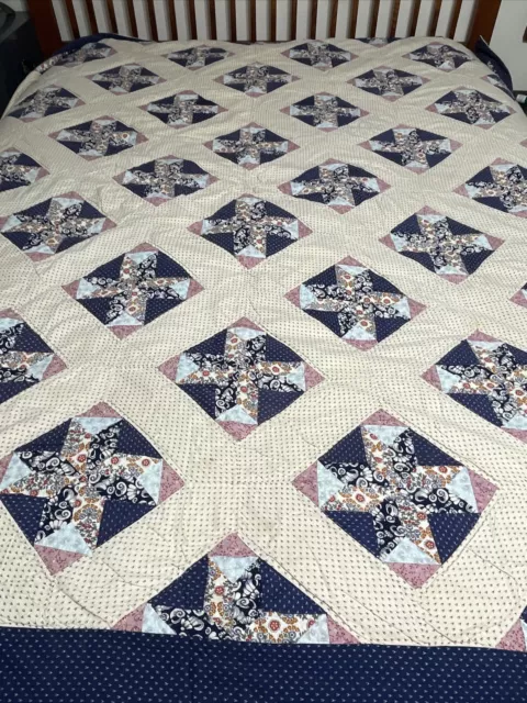 Vintage Hand Pieced Hand Sewn Pinwheel Quilt 97x82in Calico Blue Country Floral