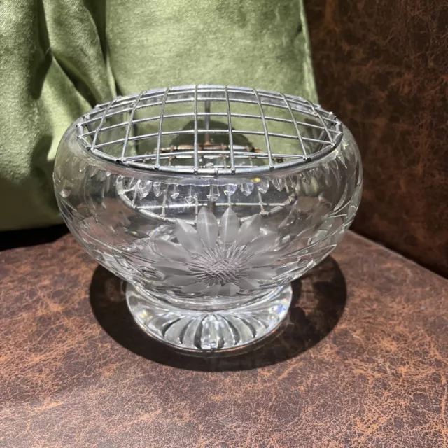 Vintage Footed Cut Glass Crystal Rose Bowl Posy Vase With Flower Frog - 15cm Dia