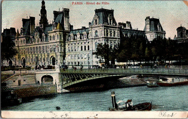 c1907 Antique Postcard Hotel De Ville et Pont d'Arcole Bridge ,Paris A21