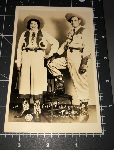Tallest Cowboy Couple The FISCHERS Ringling Show CIRCUS FREAK Vintage RPPC PHOTO