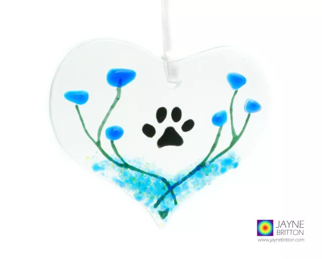 Fused glass heart dog memorial light catcher, cat memorial, paw print, handmade