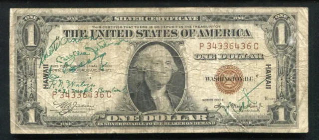 1935-A $1 One Dollar “Hawaii” Silver Certificate “Wwii Short Snorter”