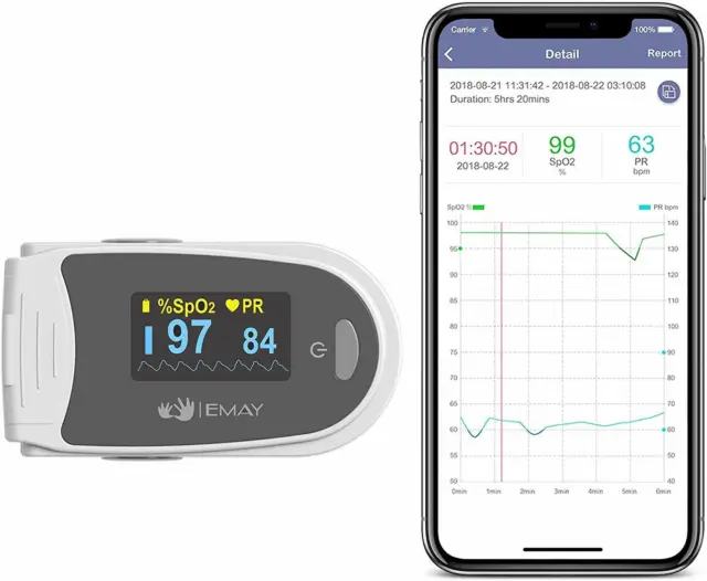 EMAY Sleep Oxygen Monitor - Bluetooth Pulse Oximeter with 40hrs Memories