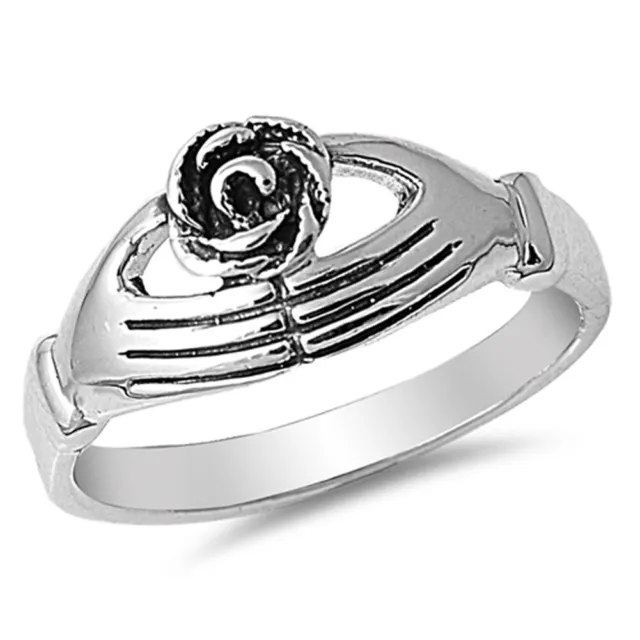 Rose Flower Claddagh Hands Girlfriend Ring .925 Sterling Silver Band Sizes 5-10