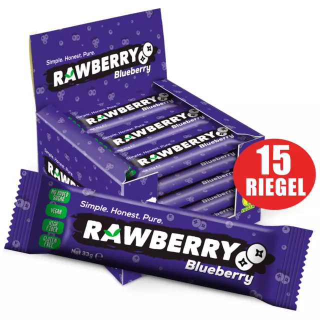 RAWBERRY Blaubeere, ohne Zuckerzusatz, Glutenfrei, Nüsse Riegel, Vegan, 15 x 33g