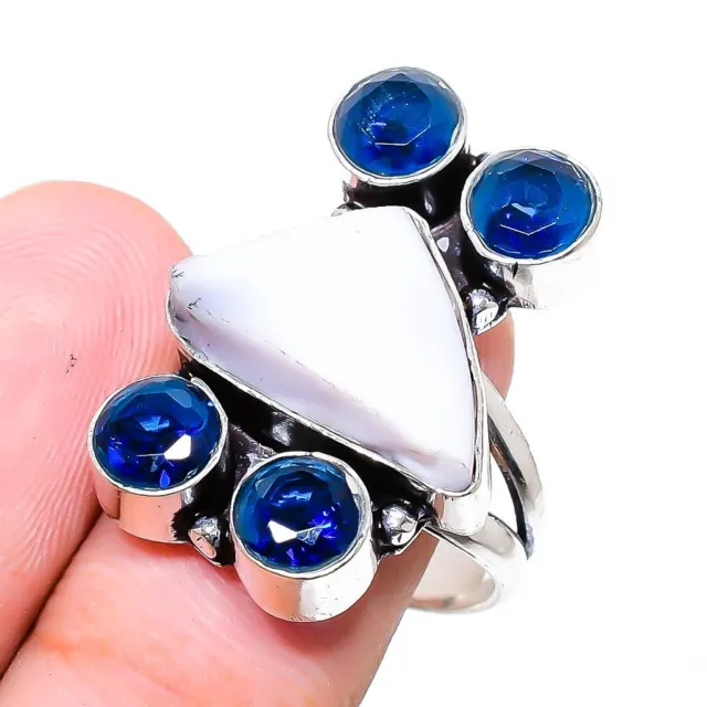 Dendrite Opal, Topaz Handmade 925 Sterling Silver Jewelry Ring Size 8 K415
