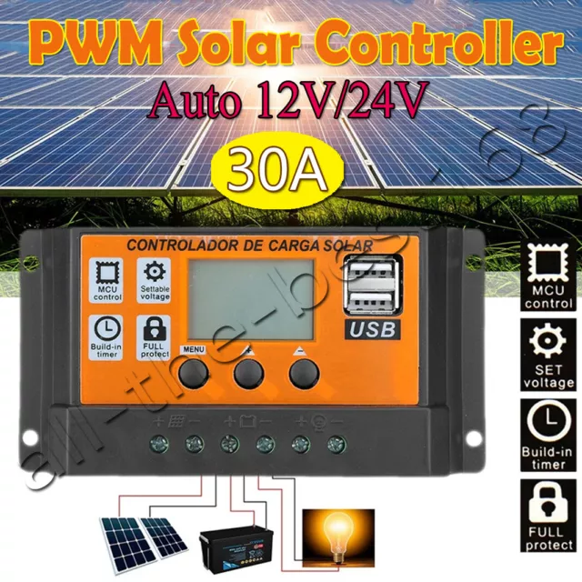 30A Panneau solaire Charge Controller 12V/24V Solar Panel Regulator LCD 2-USB