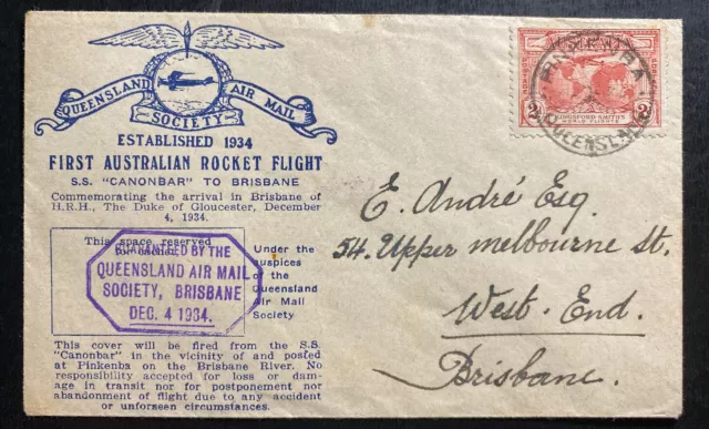 1934 SS Canonbar Australia First Rocket  Airmail Cover FFC To Brisbane