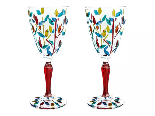 Pair of Murano Wine Glasses Multi Red Stem Hand Painted Venice Made Italy