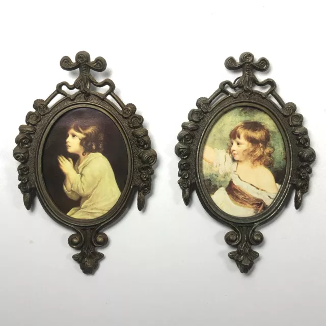 VTG Victorian Young Girl Prints Ornate Brass Metal Frames Italy Pair 6.5"x4" 3