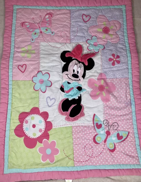 Disney Baby Minnie Mouse Plush Bow Crib Toddler Blanket Quilt Embroidered 40x30