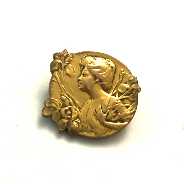 Broche Ancienne Vierge Marie Plaqué Or – Art Nouveau 1900 – France – Occasion