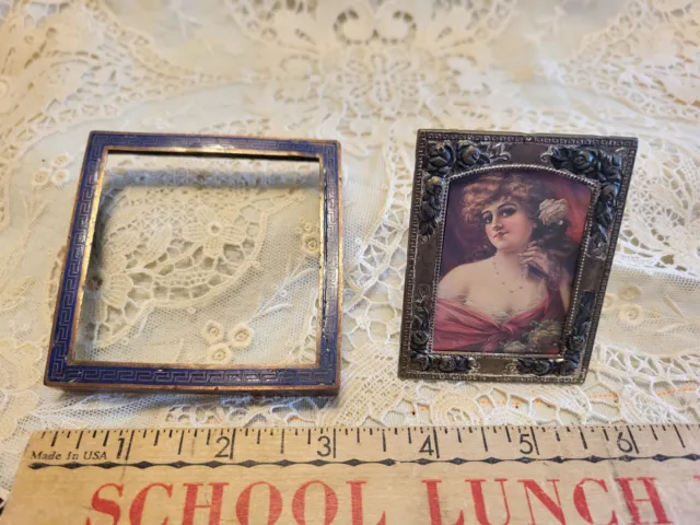 Lot Of 2 Little Picture Frames,  1 Easel Back Miniature Tin... 1 Bronze Enamel