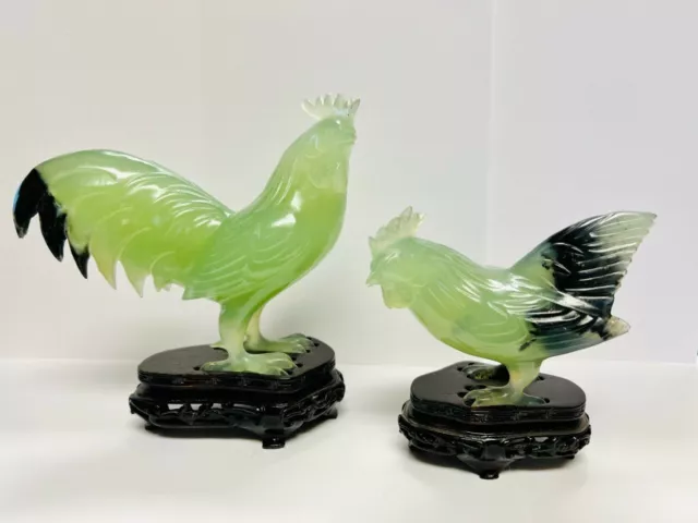 Pair of Hand Carved Chinese Celadon Jade Roosters on Stands - RARE