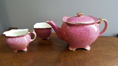 Royal Winton Grimwades Eng Ascot Teapot Creamer Sugar Set Mottled Rouge Pink