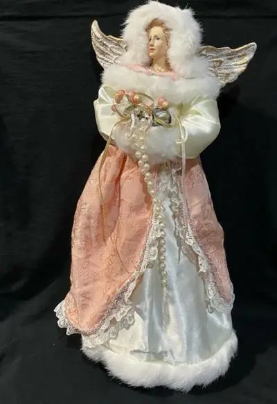 VTG Victorian Angel Christmas Tree Topper White Peach Dress Lace Pearl Fur  #8