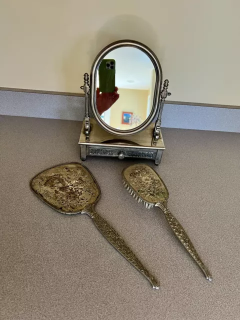 Antique Veneer Shaving Vanity Tilting Swivel Mirror & Hand Held Mirror and Brush