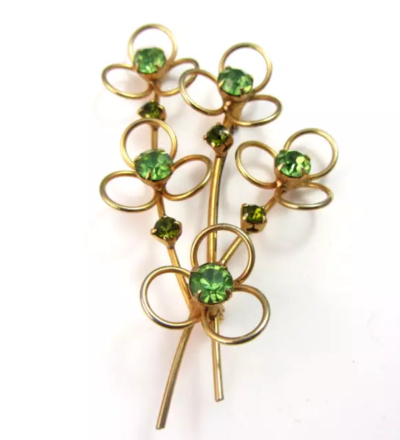 Vintage Gold Tone & Rhinestone Flowers Brooch Pin Peridot & Olivine Color Stones