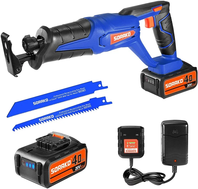 SORAKO Cordless Reciprocating Saw 20V Battery Power Saw 4.0Ah Battery & 2 Blades