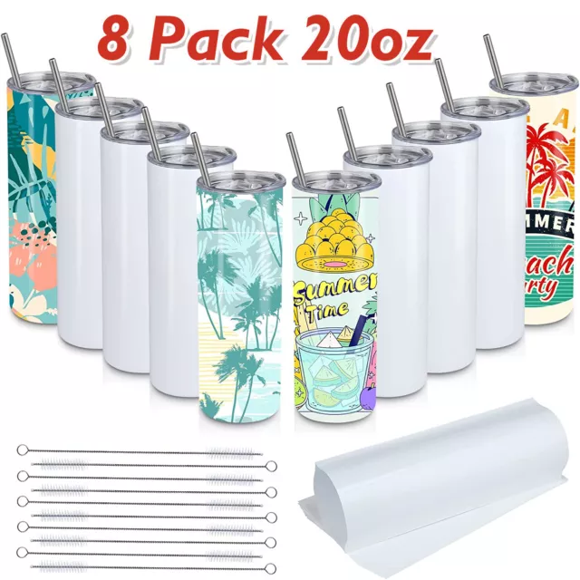 20 Oz Sublimation Tumblers 8 Pack Blank Skinny Tumbler with Lids and Straws