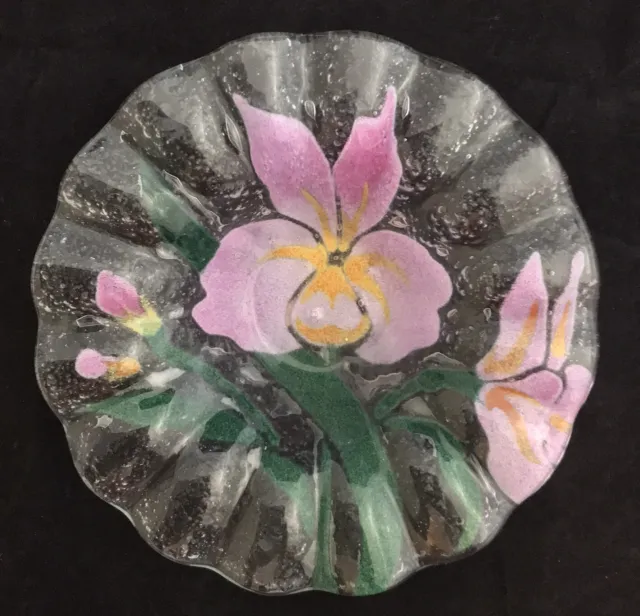 Sydenstricker Fused Glass Pink Iris Ruffled Edge Bowl Signed w/ Original Sticker