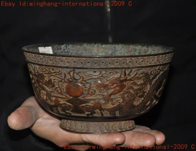 China ancient bronze Loong dragon statue tableware Food Vessel Tea cup Bowl